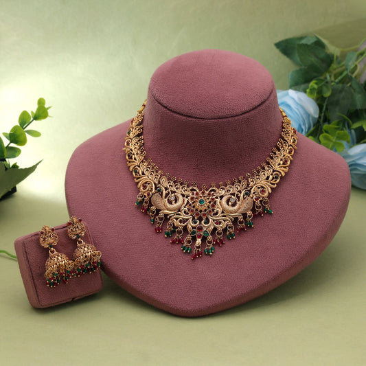 Rani & Green Color Temple Necklace Set with Beautiful Designer Jewelry Appeal