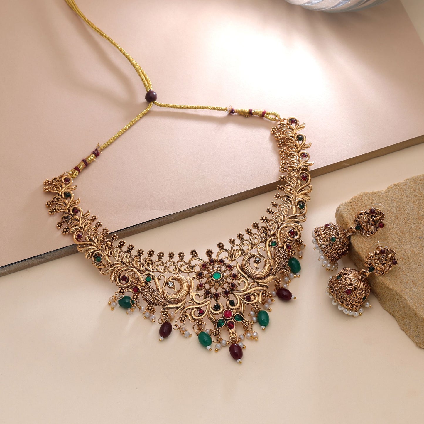 Maroon & Green Color Temple Necklace Set with Elegant Cultural Jewelry Design