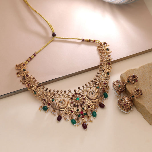 Maroon & Green Color Temple Necklace Set with Elegant Cultural Jewelry Design