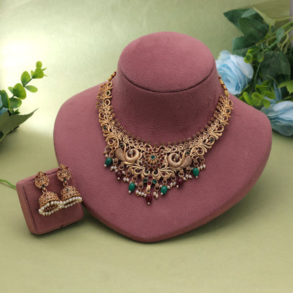 Maroon & Green Color Temple Necklace Set with Elegant Cultural Jewelry Design