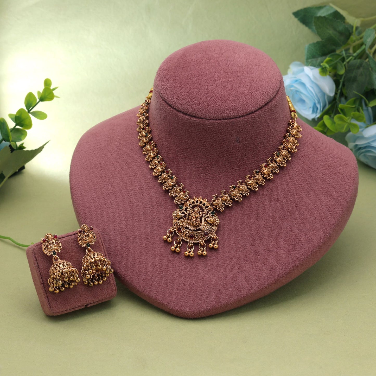 Maroon & Green Color Temple Necklace Set Crafted for Premium Traditional Styling