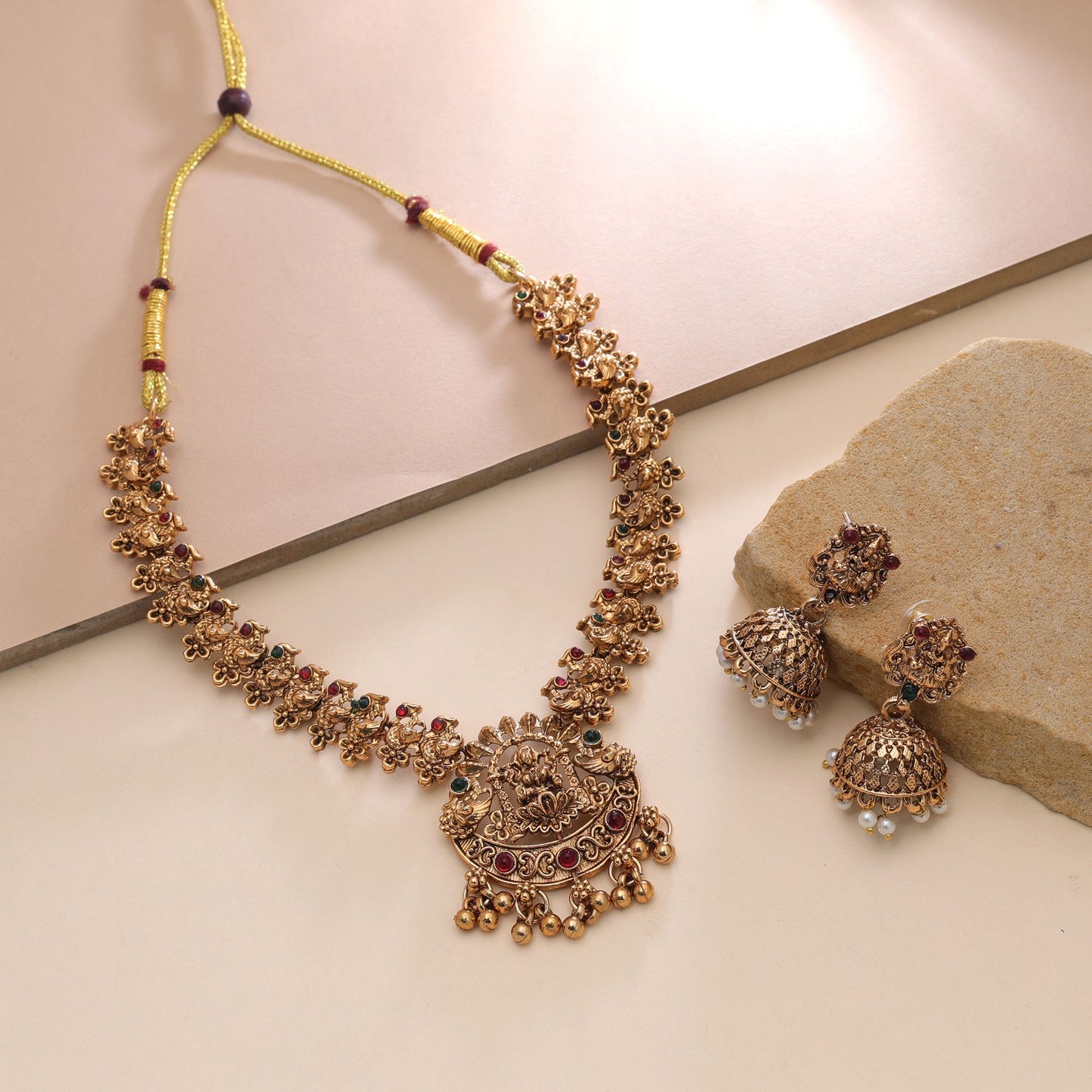 Maroon & Green Color Temple Necklace Set with Intricate Temple Art Design