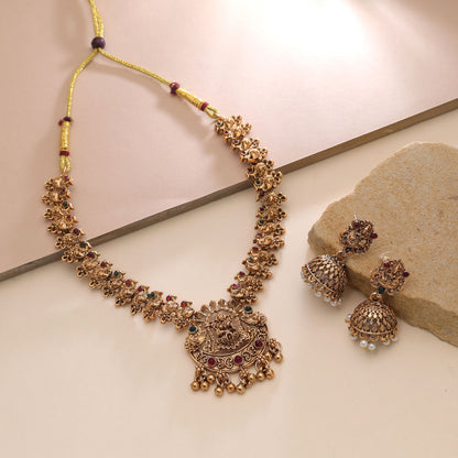 Maroon & Green Color Temple Necklace Set with Intricate Temple Art Design