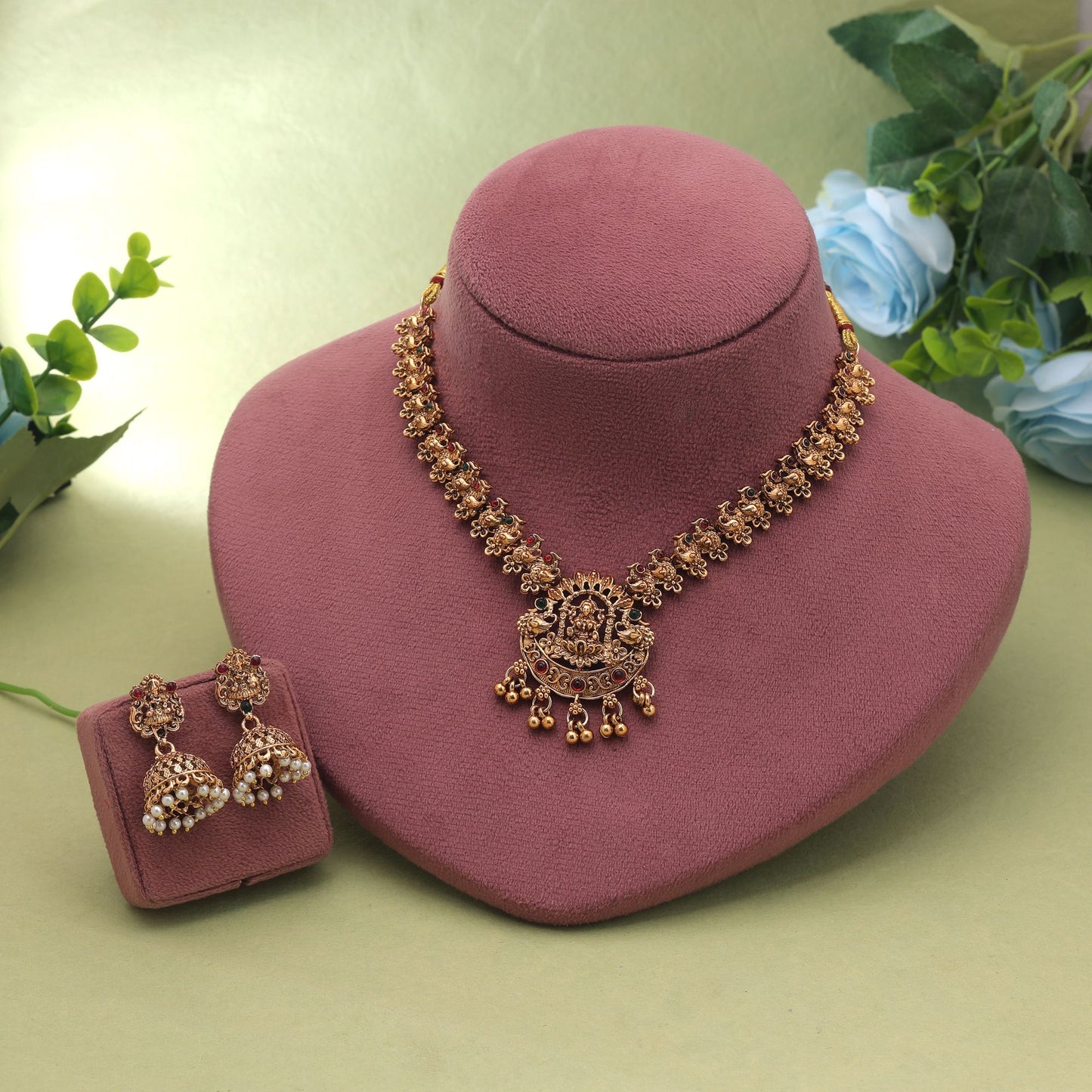 Maroon & Green Color Temple Necklace Set with Intricate Temple Art Design