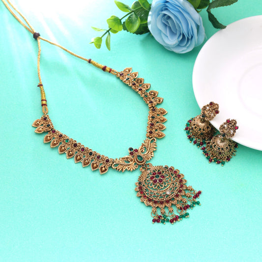 Rani & Green Color Temple Necklace Set with Stunning Ethnic Bridal Necklace Style