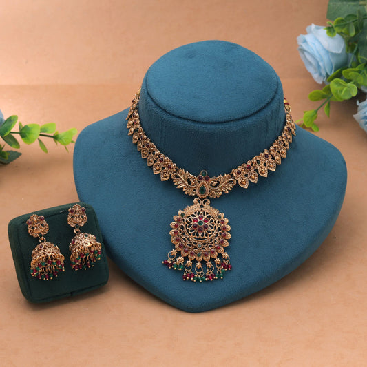 Rani & Green Color Temple Necklace Set with Stunning Ethnic Bridal Necklace Style