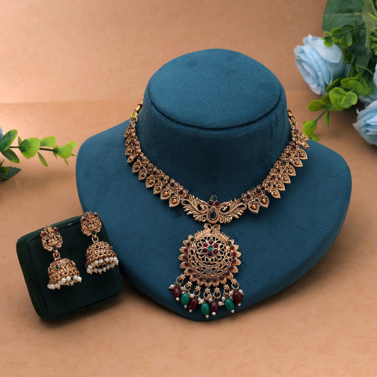 Maroon & Green Color Temple Necklace Set Featuring Elegant Antique Gold Detailing