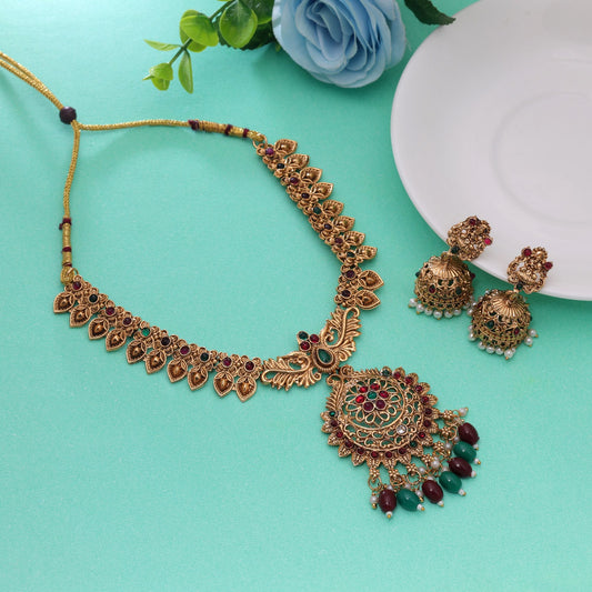 Maroon & Green Color Temple Necklace Set Featuring Elegant Antique Gold Detailing