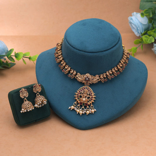 Maroon & Green Color Temple Necklace Set with Traditional Goddess Motif Design