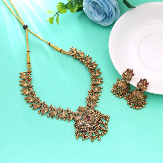 Rani & Green Color Temple Necklace Set with Royal Festive Jewelry Collection Style