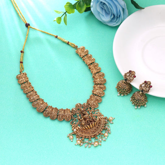 Gold Color Temple Necklace Set with Elegant Matte Traditional Jewelry Finish
