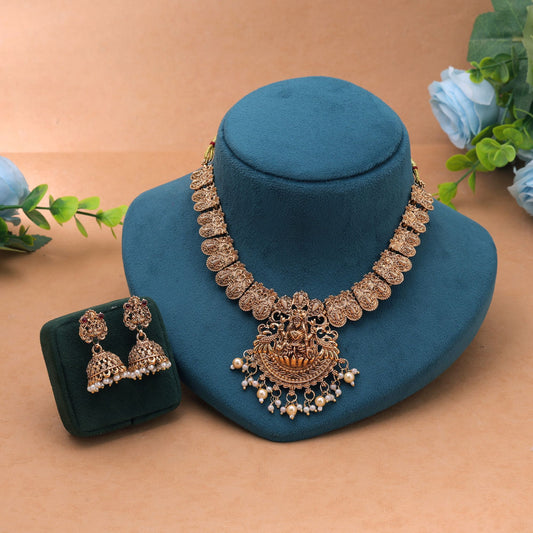 Gold Color Temple Necklace Set with Elegant Matte Traditional Jewelry Finish