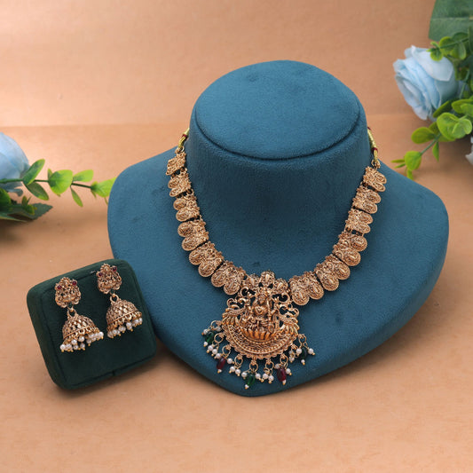 Maroon & Green Color Temple Necklace Set Featuring Beautiful Designer Temple Work
