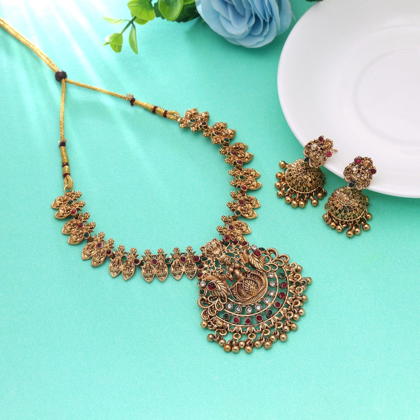 Maroon & Green Color Temple Necklace Set Crafted with Elegant Bridal Jewelry Touch