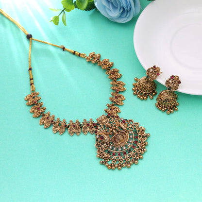 Maroon & Green Color Temple Necklace Set Crafted with Elegant Bridal Jewelry Touch