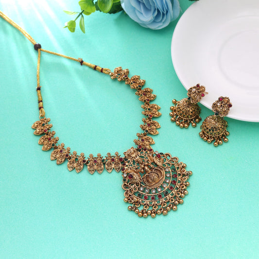 Maroon & Green Color Temple Necklace Set Crafted with Elegant Bridal Jewelry Touch