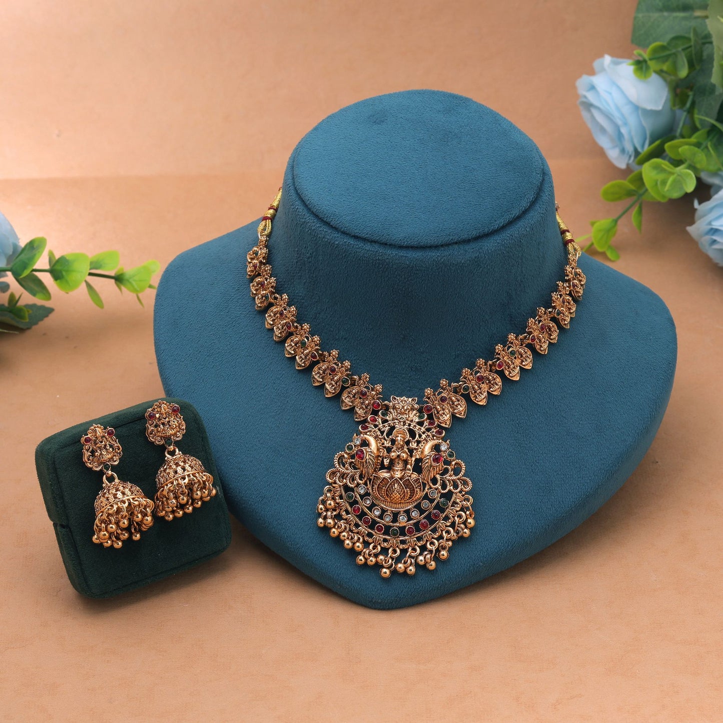 Maroon & Green Color Temple Necklace Set Crafted with Elegant Bridal Jewelry Touch