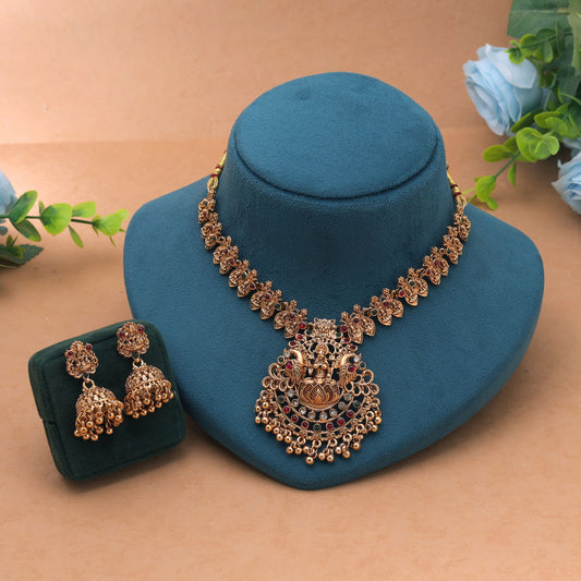 Maroon & Green Color Temple Necklace Set Crafted with Elegant Bridal Jewelry Touch