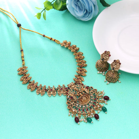 Maroon & Green Color Temple Necklace Set with Premium South Indian Jewelry Style