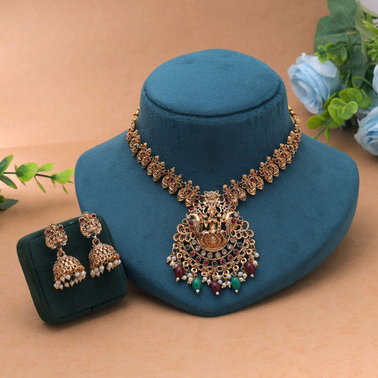 Maroon & Green Color Temple Necklace Set with Premium South Indian Jewelry Style