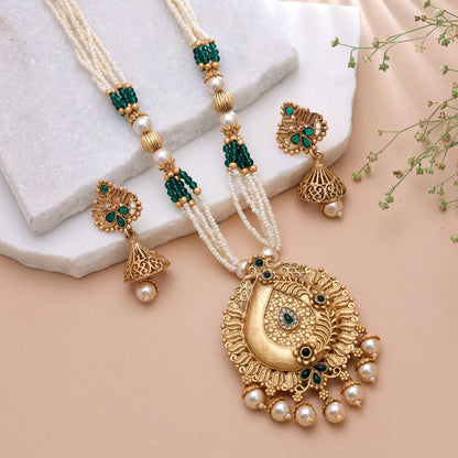 Green Color Temple Necklace Jewelry Set with Beautiful Antique Traditional Finish