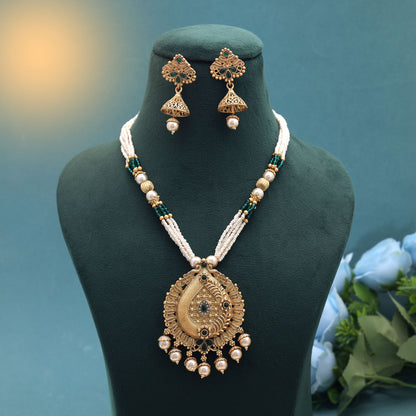 Green Color Temple Necklace Jewelry Set with Beautiful Antique Traditional Finish