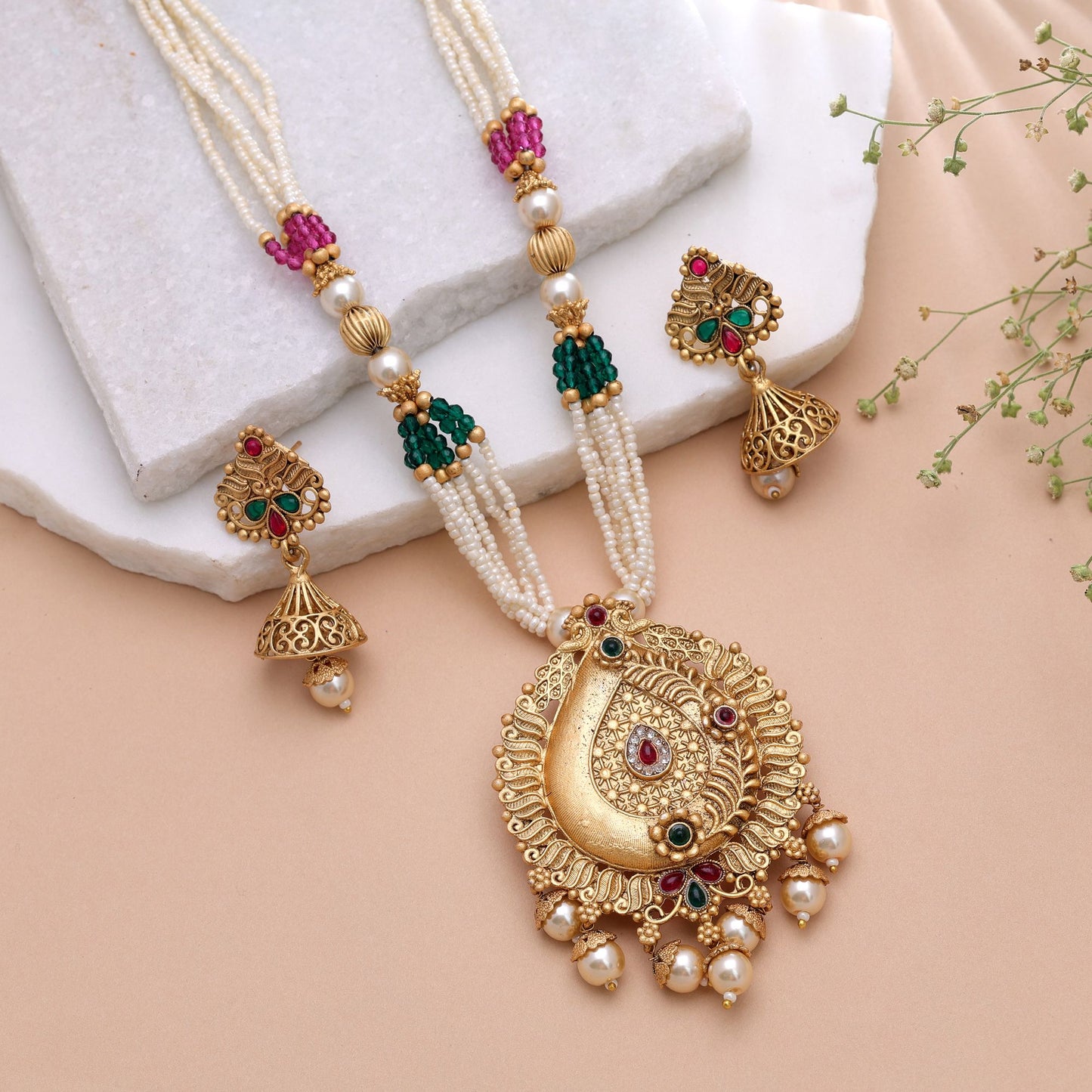 Multi Color Temple Necklace Jewelry Set with Elegant Traditional South Indian Design