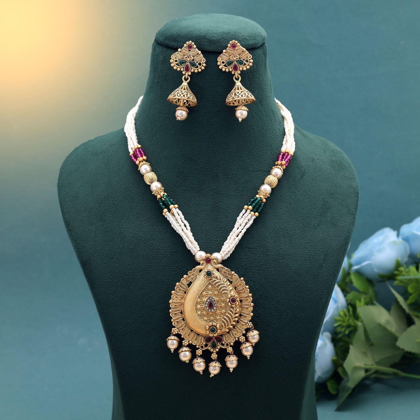 Multi Color Temple Necklace Jewelry Set with Elegant Traditional South Indian Design