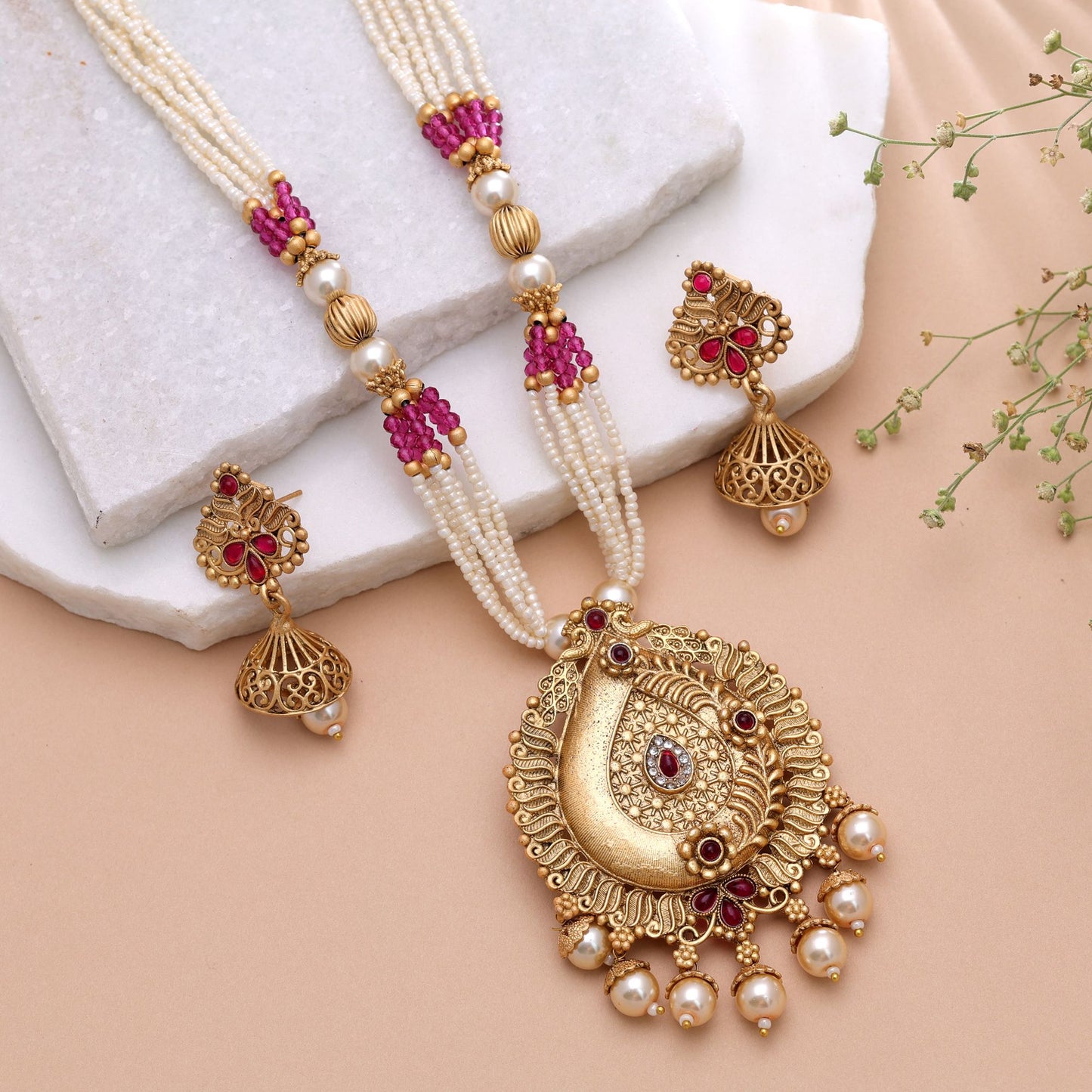 Red & Purple Color Temple Necklace Jewelry Set Featuring Designer Festive Style