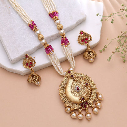 Red & Purple Color Temple Necklace Jewelry Set Featuring Designer Festive Style