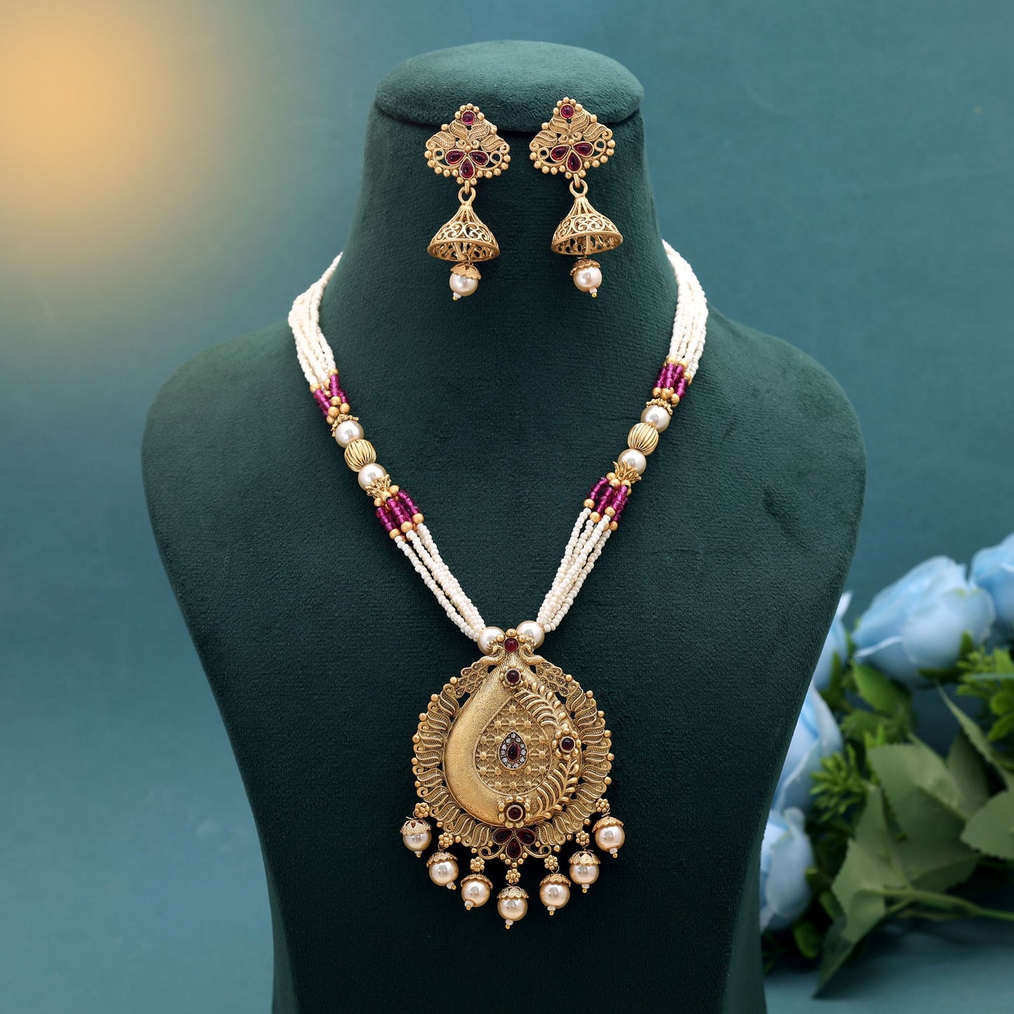 Red & Purple Color Temple Necklace Jewelry Set Featuring Designer Festive Style