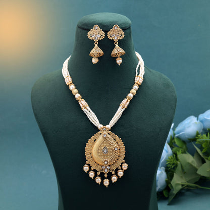 White Color Temple Necklace Jewelry Set Featuring Royal Festive Ethnic Appeal