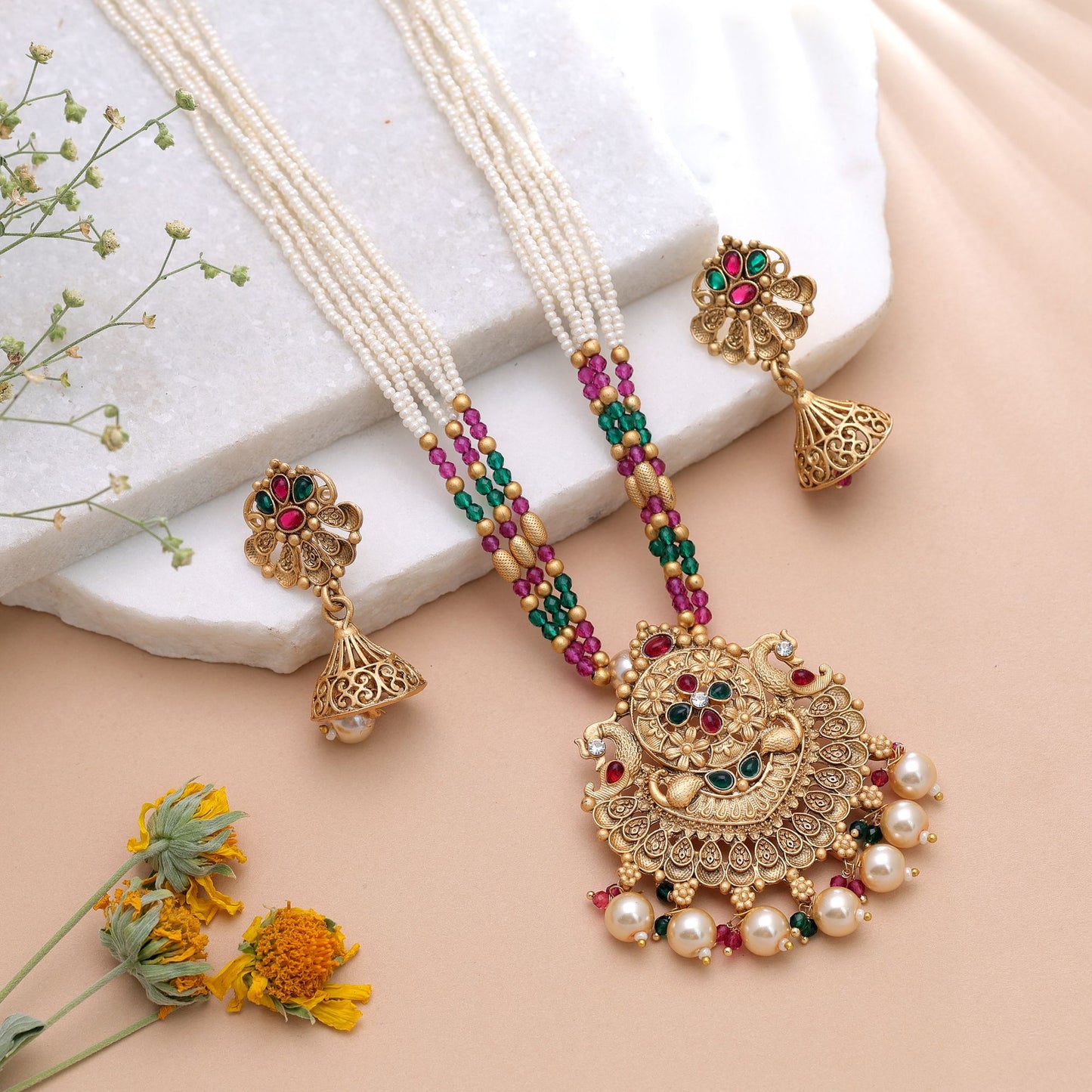 White Color Temple Necklace Jewelry Set with Premium South Indian Jewelry Look