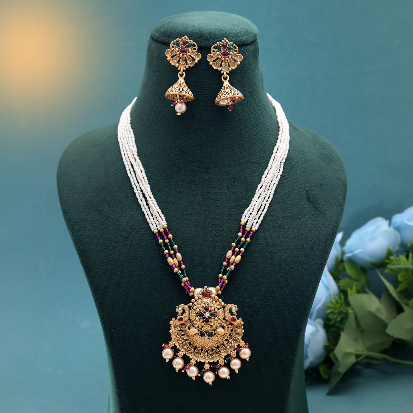White Color Temple Necklace Jewelry Set with Premium South Indian Jewelry Look