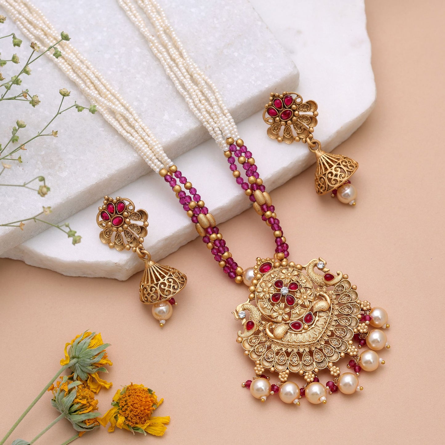 Red & Purple Color Temple Necklace Jewelry Set with Classic Handmade Design