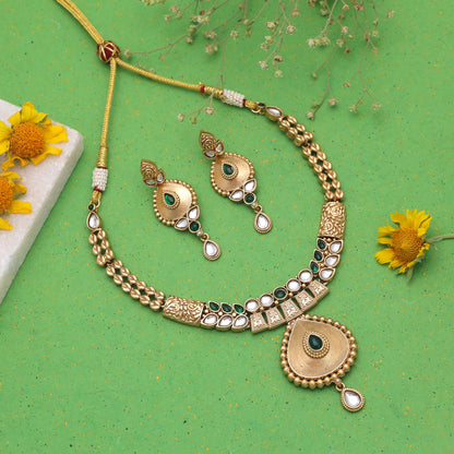 Green Color Temple Necklace Jewelry Set with Stylish Traditional Bridal Appeal