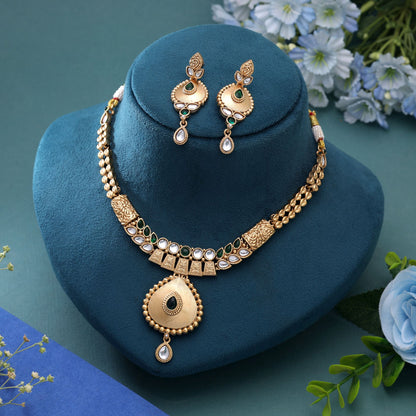Green Color Temple Necklace Jewelry Set with Stylish Traditional Bridal Appeal