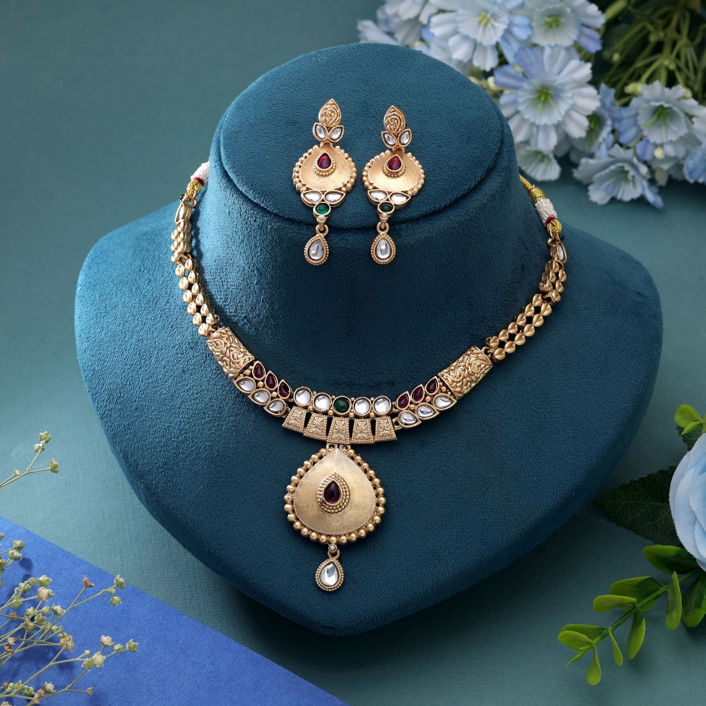 Multi Color Temple Necklace Jewelry Set with Royal Ethnic Traditional Jewelry Style