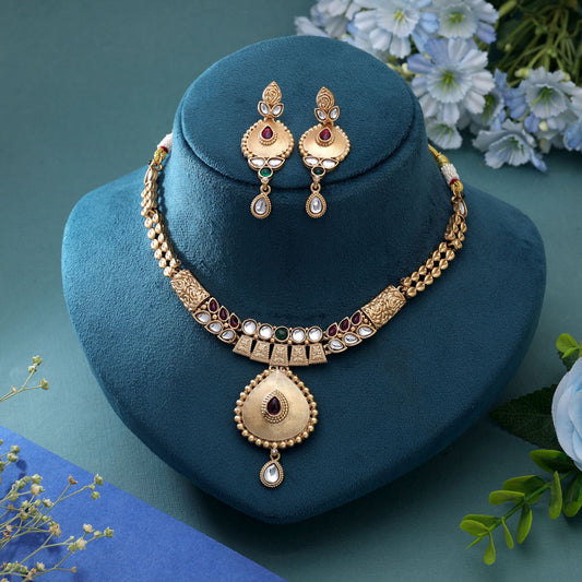 Multi Color Temple Necklace Jewelry Set with Royal Ethnic Traditional Jewelry Style