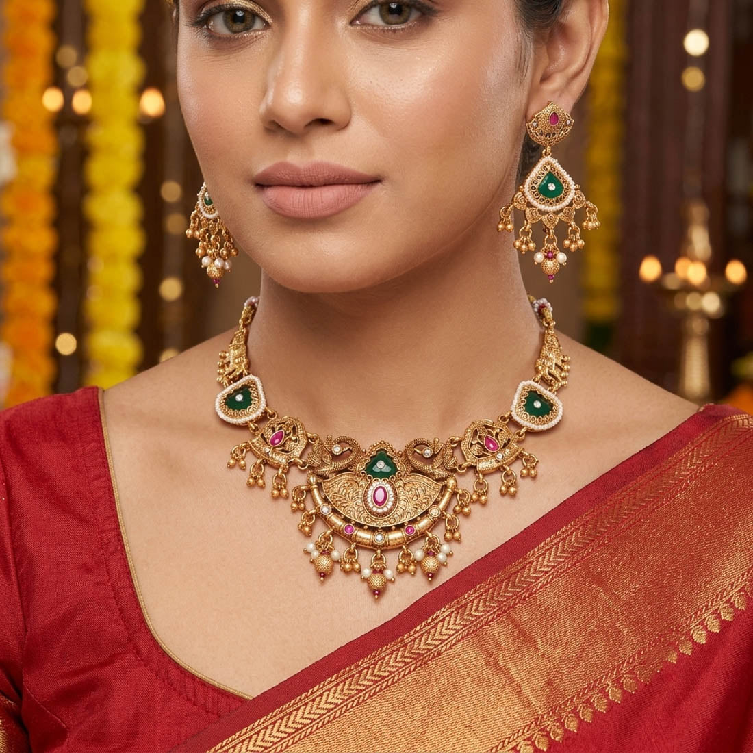 Multi Color Temple Necklace Jewelry Set Crafted with Premium Handmade Artwork