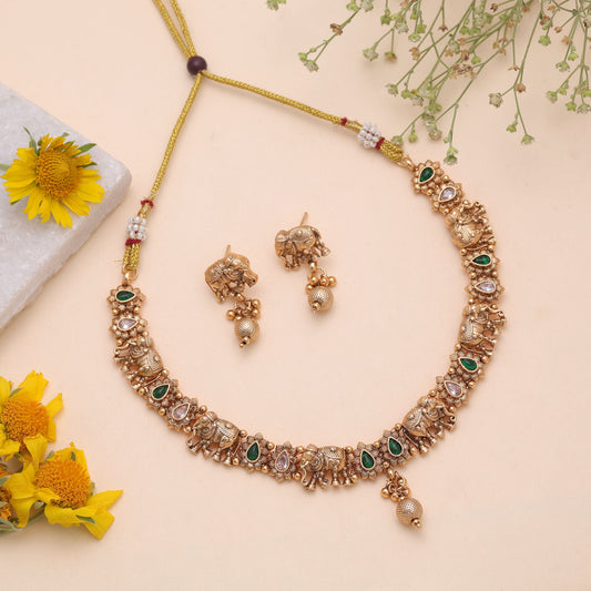 Green Color Temple Necklace Jewelry Set with Premium Traditional Handmade Finish