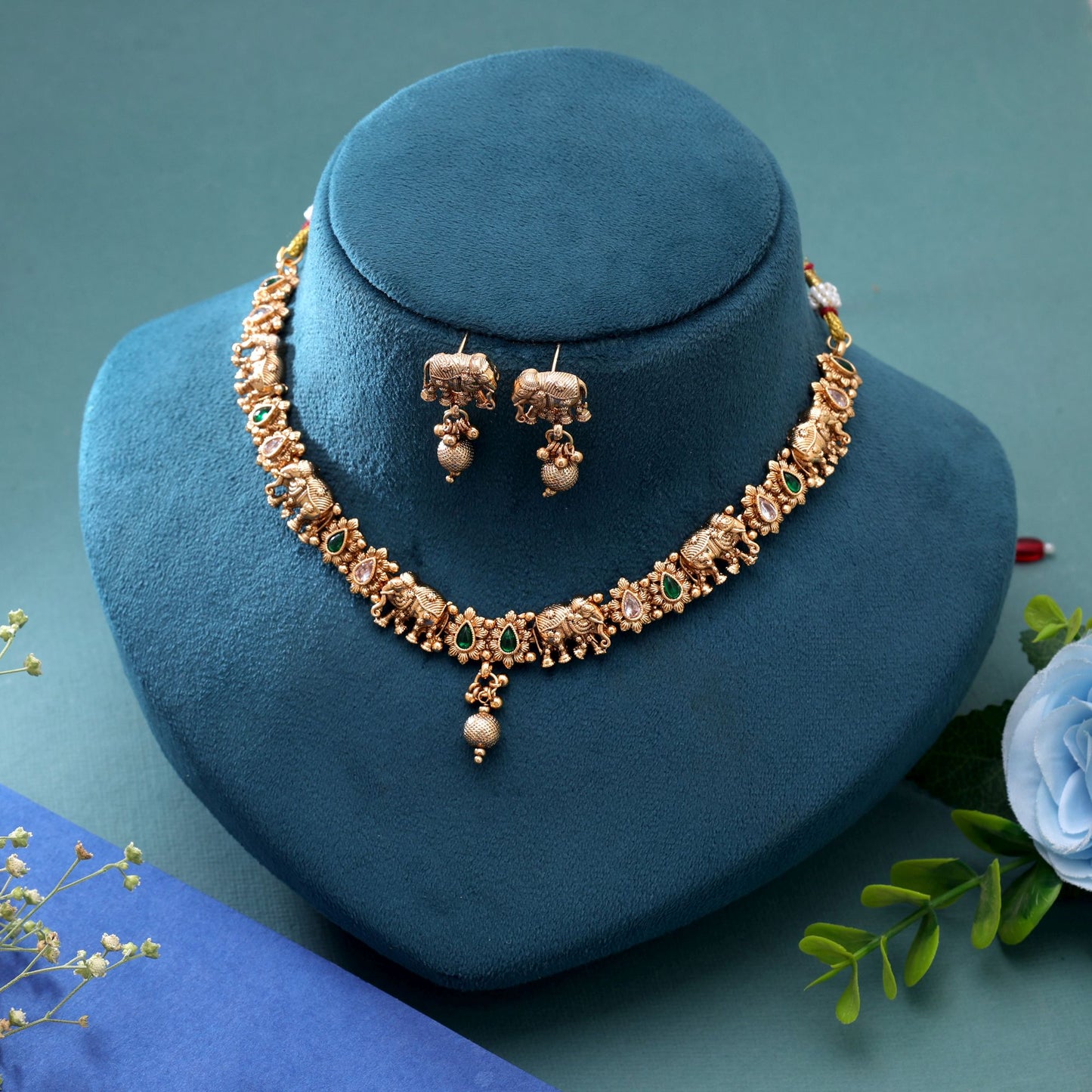 Green Color Temple Necklace Jewelry Set with Premium Traditional Handmade Finish