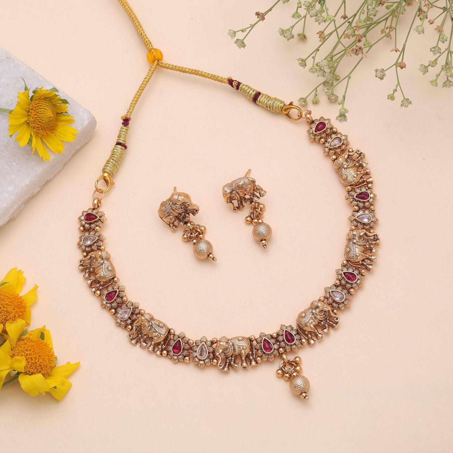 Rani Color Temple Necklace Jewelry Set Crafted for Stylish Bridal Fashion Wear