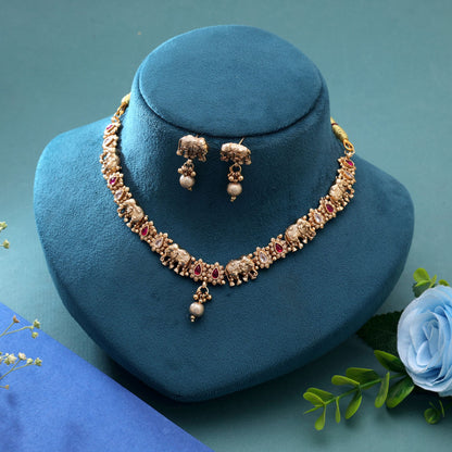 Rani Color Temple Necklace Jewelry Set Crafted for Stylish Bridal Fashion Wear