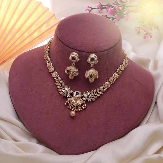 Green Color Temple Necklace Jewelry Set Featuring Royal Festive Jewelry Collection