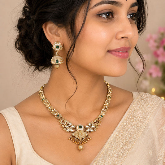 Green Color Temple Necklace Jewelry Set Featuring Royal Festive Jewelry Collection