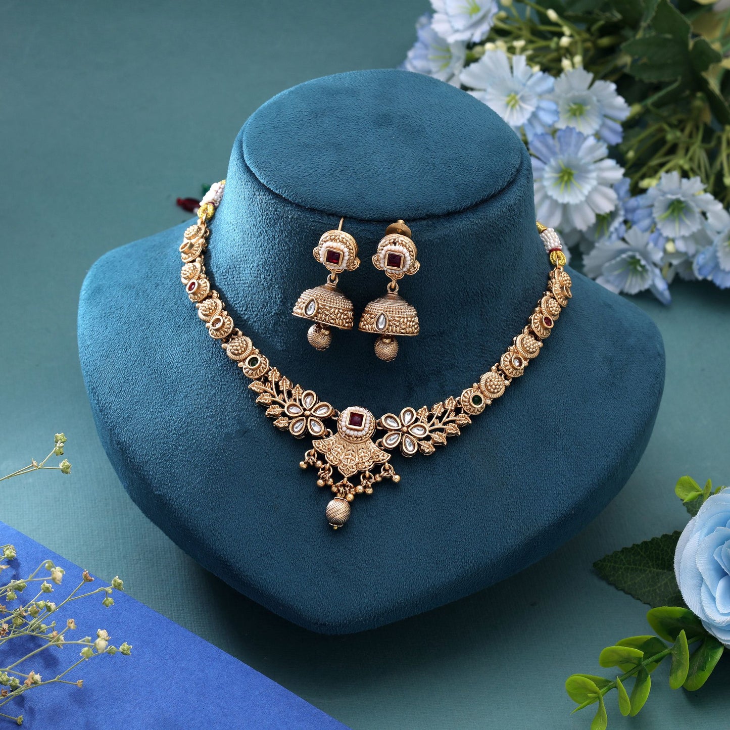 Multi Color Temple Necklace Jewelry Set Featuring Artistic Antique Jewelry Style