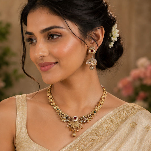 Multi Color Temple Necklace Jewelry Set Featuring Artistic Antique Jewelry Style