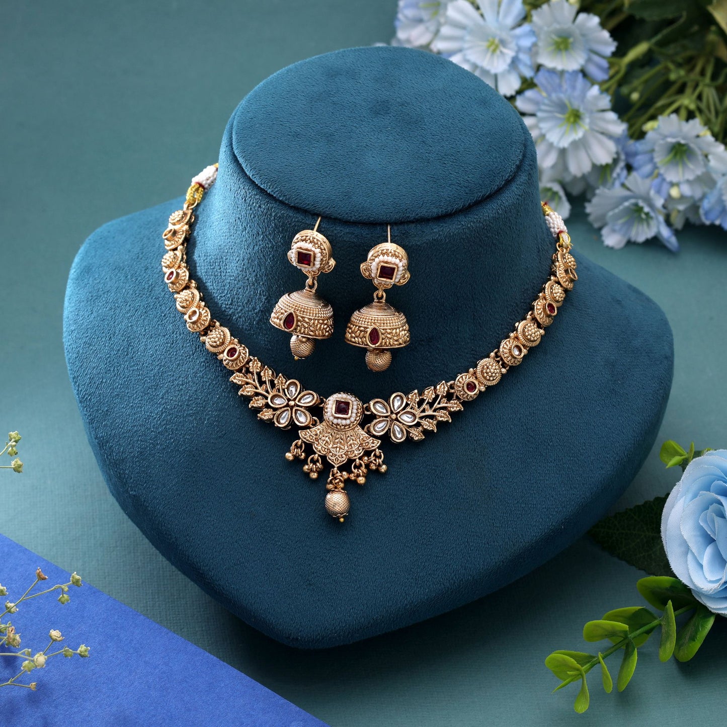 Rani Color Temple Necklace Jewelry Set with Beautiful Designer Ethnic Appeal