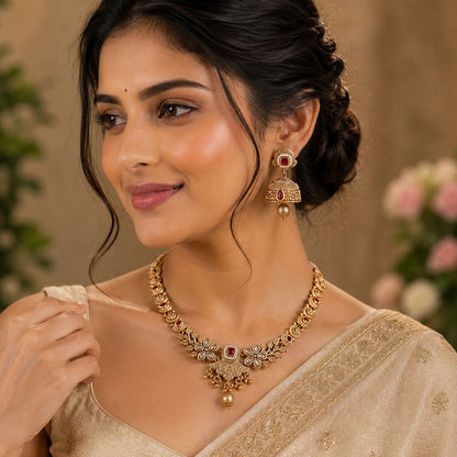 Rani Color Temple Necklace Jewelry Set with Beautiful Designer Ethnic Appeal